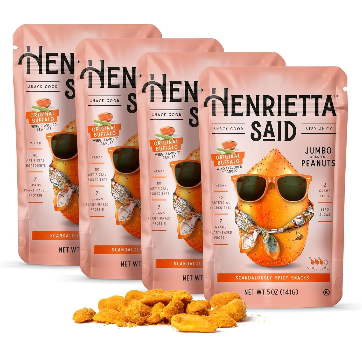 Henrietta Said Wing-Flavored Peanuts - Truly Good Foods Snacking Nuts - Bold Flavors - Savory & Spicy - Jumbo Flavored Peanuts - Protein Packed Vegan Snack - 4 (5-Oz) Packs - Oriflavor Blendal Buffalo