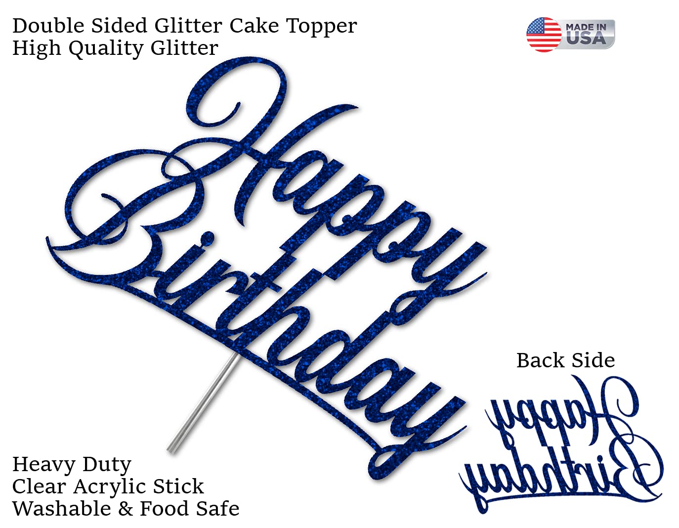 RokAPary Happy Birthday Glitter Cake Topper, Acrylic, Sturdy Double-Sided, Blue