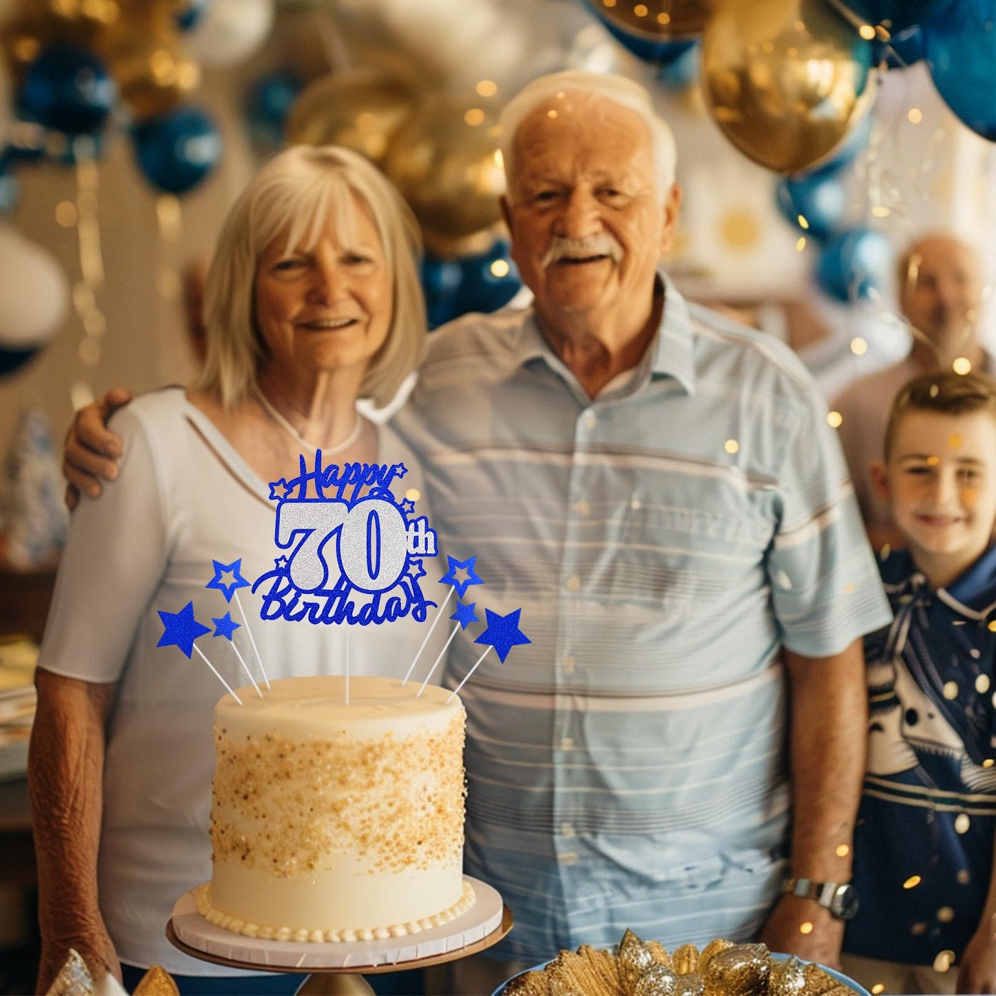 Happy 70Th Birthday Cake Topper, Blue And Silver Glitter Cake Toppers, 70 Year Birthday Party Cake Decoration