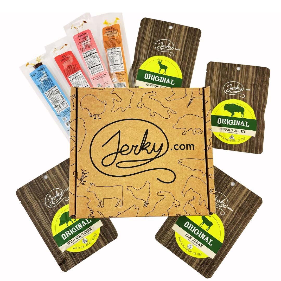 Exotic Jerky Gift Box For Men - 8 Piece Exotic Jerky & Meat Sticks Gift Set - Healthy Exotic Jerky Gift Box Includes Venison, El