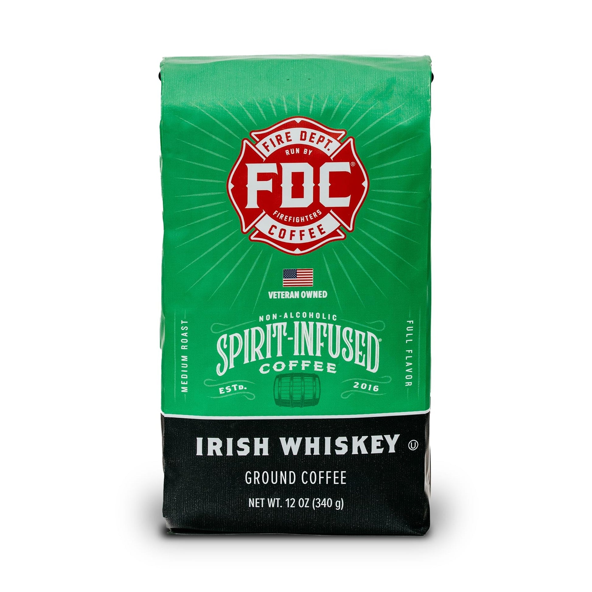 Fire Department Coffee Irish Whiskey Infused Ground Coffee - Medium Roast - 12 oz - Veteran Owned - Non-Alcoholic - Roasted in the USA