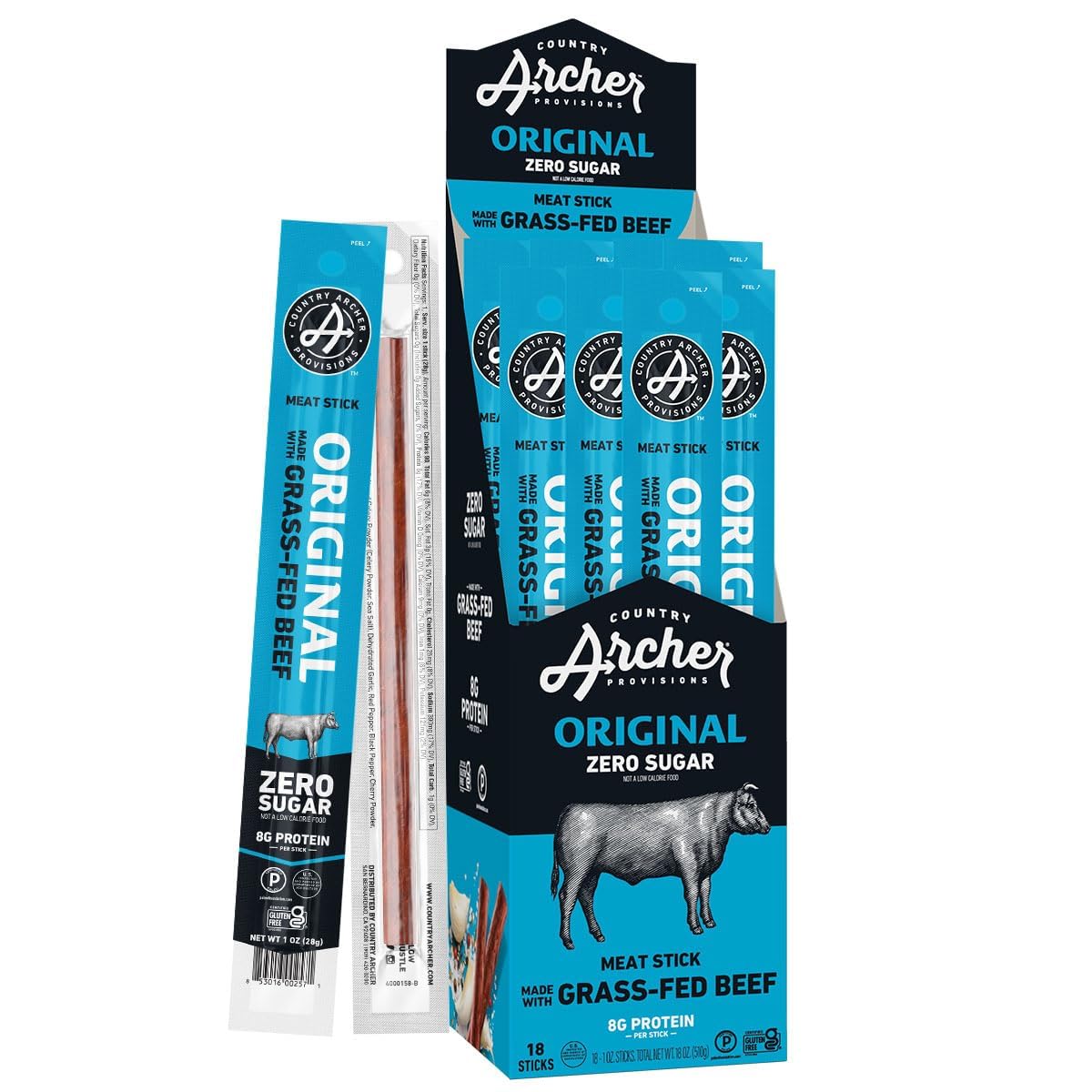Country Archer Beef Jerky Sticks - Grass Fed Beef Sticks Individually Wrapped, Beef Sticks Bulk, Beef Jerky Snack Packs, Gluten