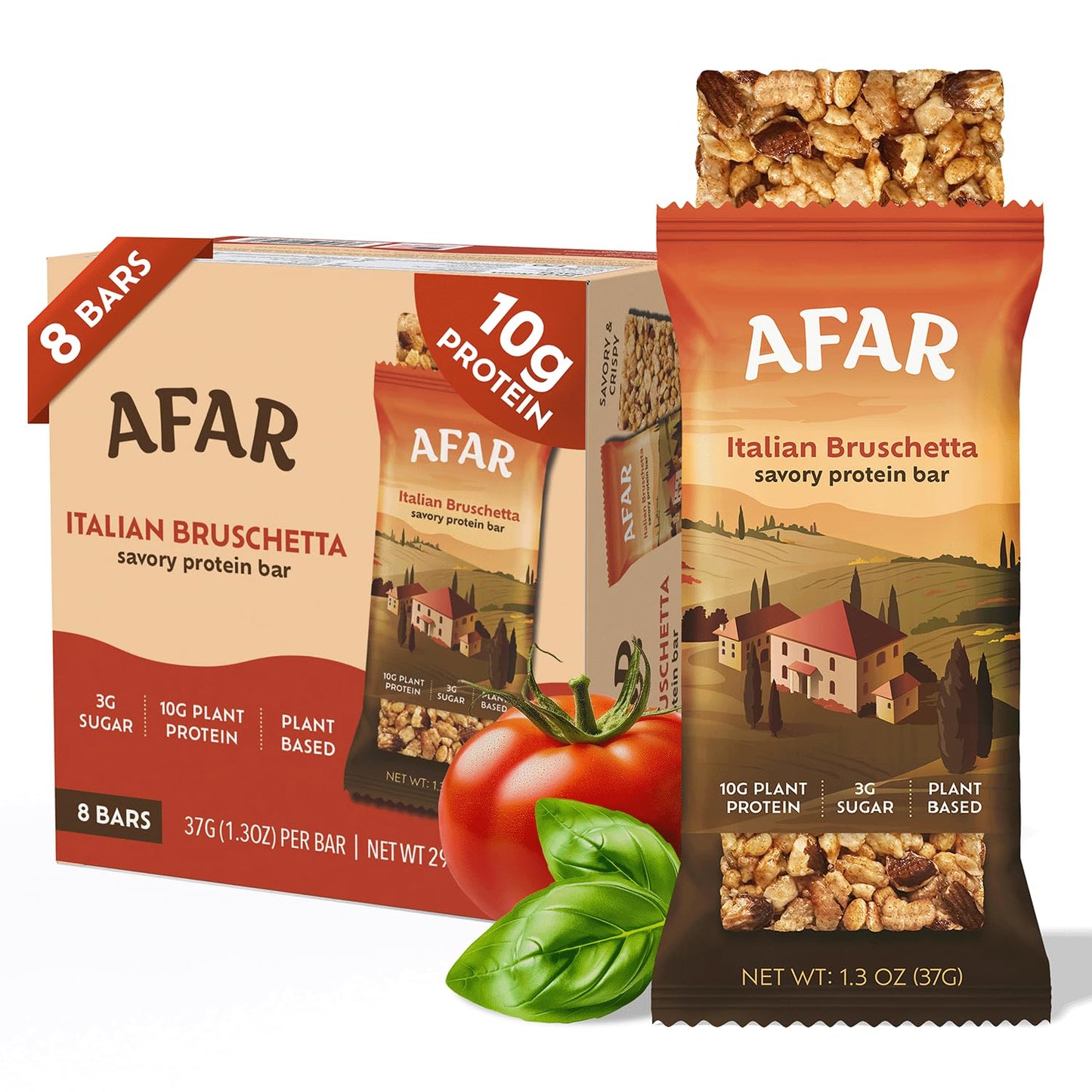 Afar Savory Protein Bars - Low Sugar, High Protein, Vegan, Gluten Free - 8 Pack, Rice Crispy Texture, Reddish-Orange