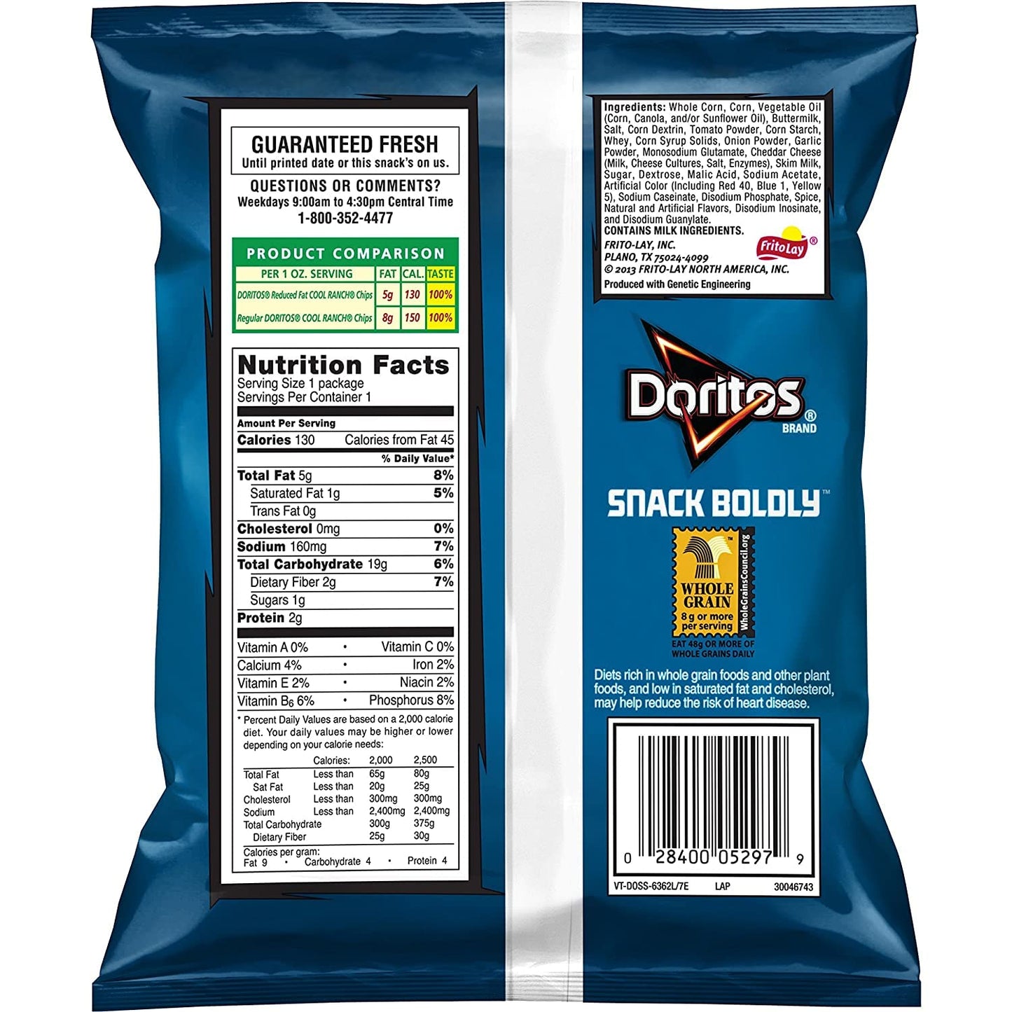 Doritos Flavored Tortilla Chips, Reduced Fat Cool Ranch, 1 Ounce (Pack of 72)