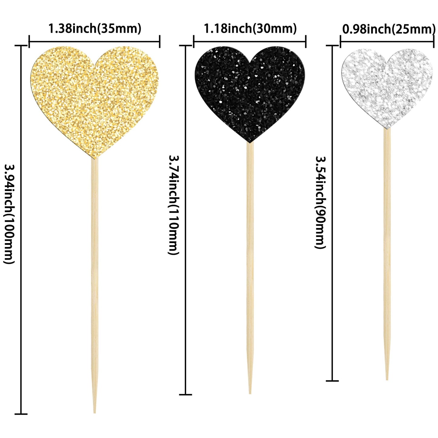 Gyufise 30Pcs Heart Cupcake Toppers, Glitter Paper Picks for Valentines Day, Wedding, Birthday Party, Gold Black Silver