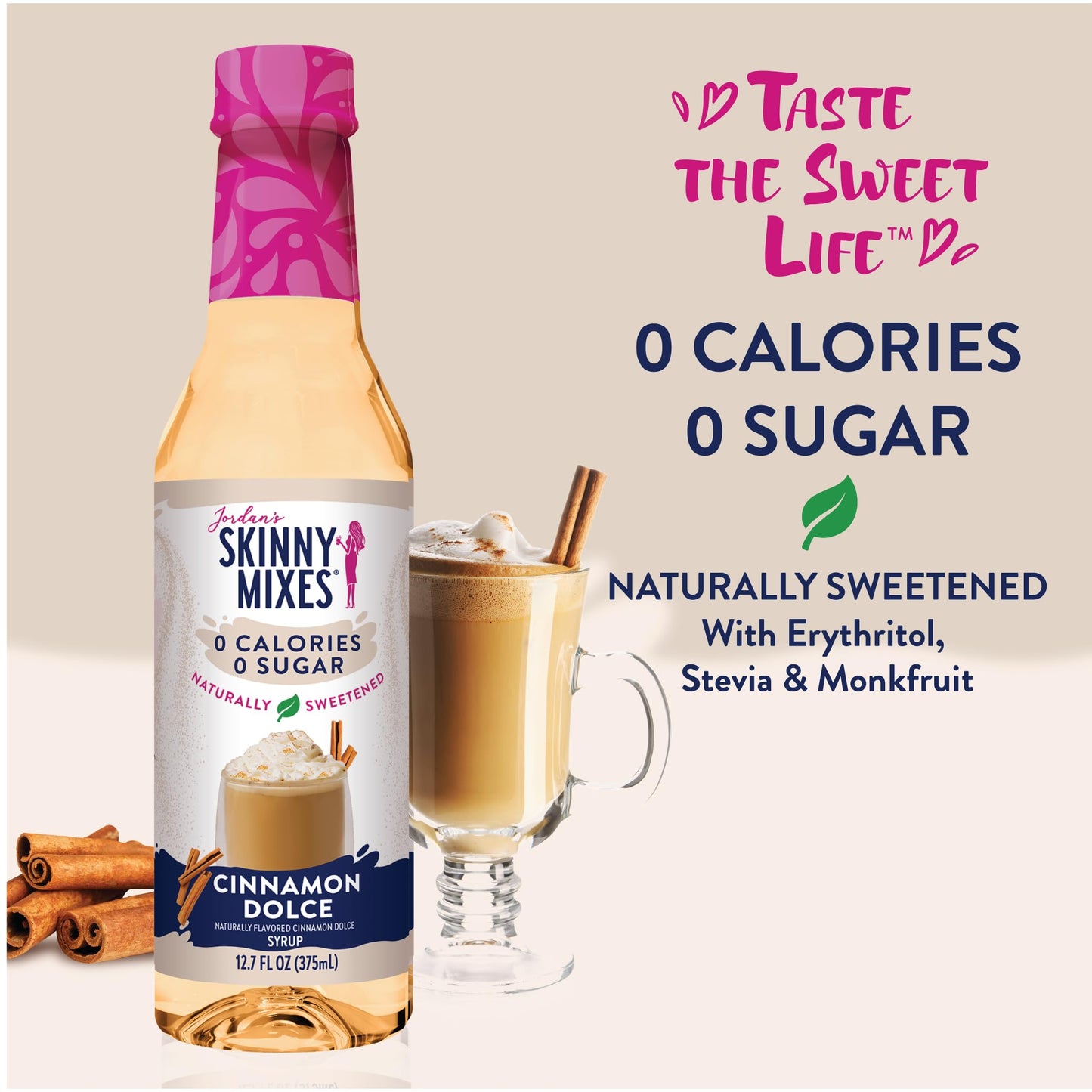 Jordans Skinny Mixes Sugar Free Cinnamon Dolce Syrup, 12.6 oz, Zero Calorie Flavoring for Coffee and Drinks