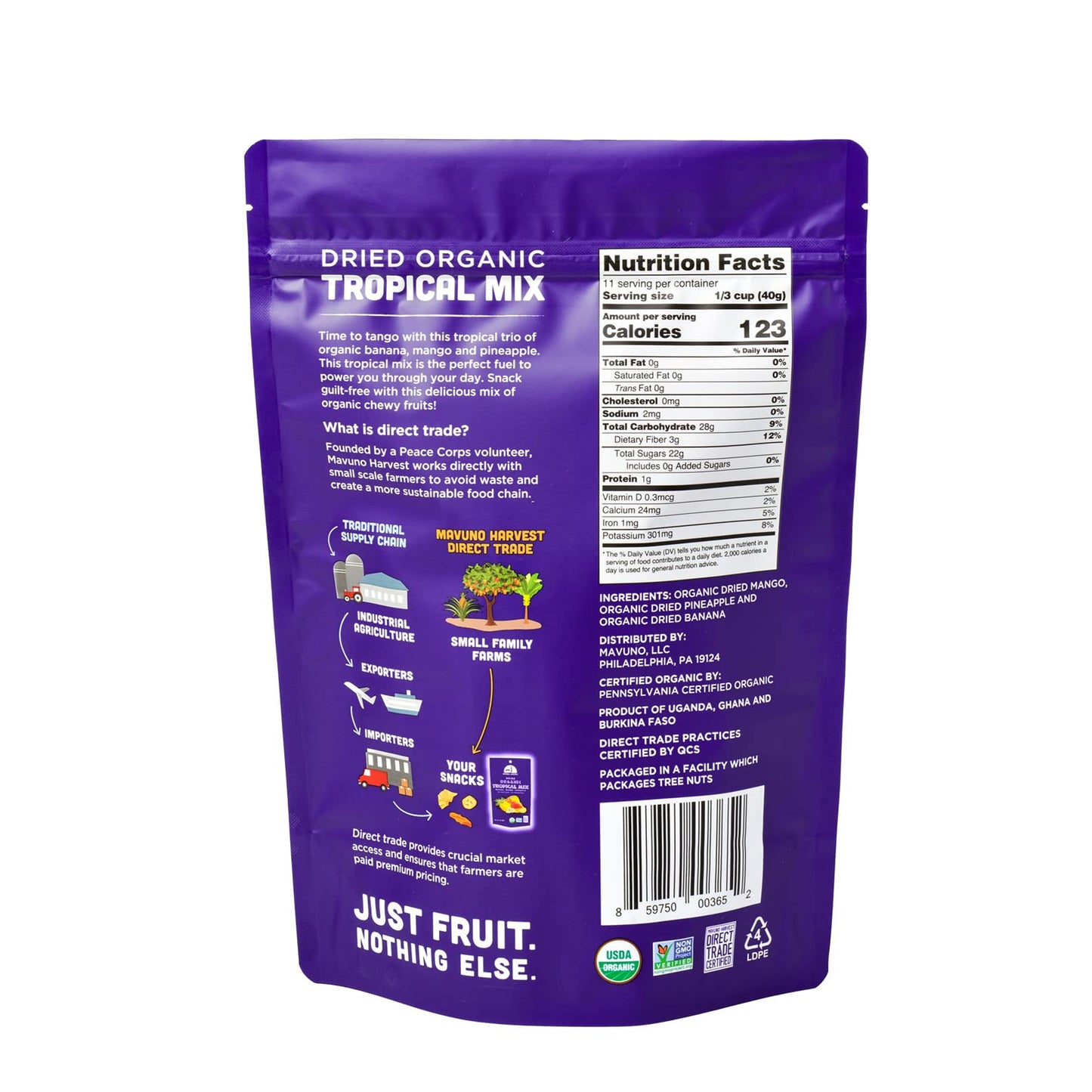 Mavuno Harvest Tropical Mix Dried Fruit Snack, Unsweetened, Gluten Free, Vegan, 1 Pound Resealable Bag