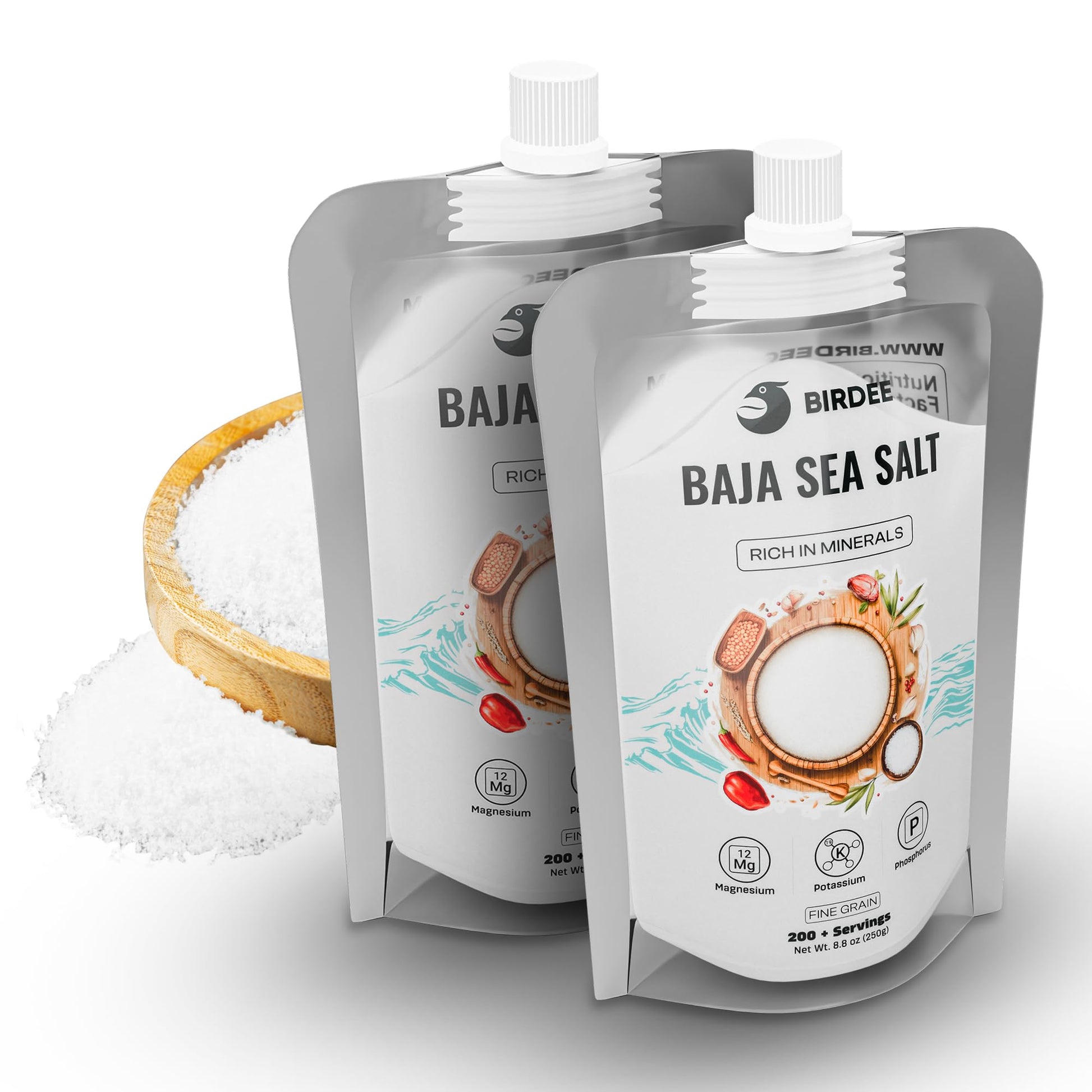Birdee Baja Mineral Sea Salt - 17.6 Oz (Pack Of 2)  Rich In Electrolytes  Fine Grind  Unrefined  Hand Harvested  Solar Dried  Great For Refills