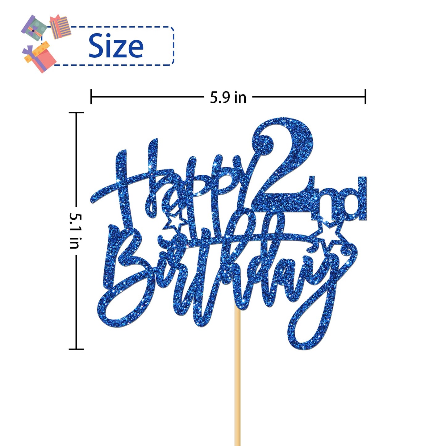 Roadsea Happy 2Nd Birthday Cake Topper - Kid Girl Boy Two Years Old Birthday Cake Supplies - 2Nd Birthday Party Decorations - Bl