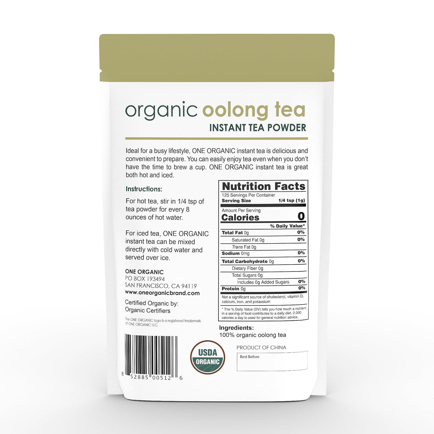 One Organic Instant Tea Powder (Oolong) - 4.4 Oz. - 125 Servings - Usda Certified Organic - 100% Pure Tea - Instant Hot Or Iced