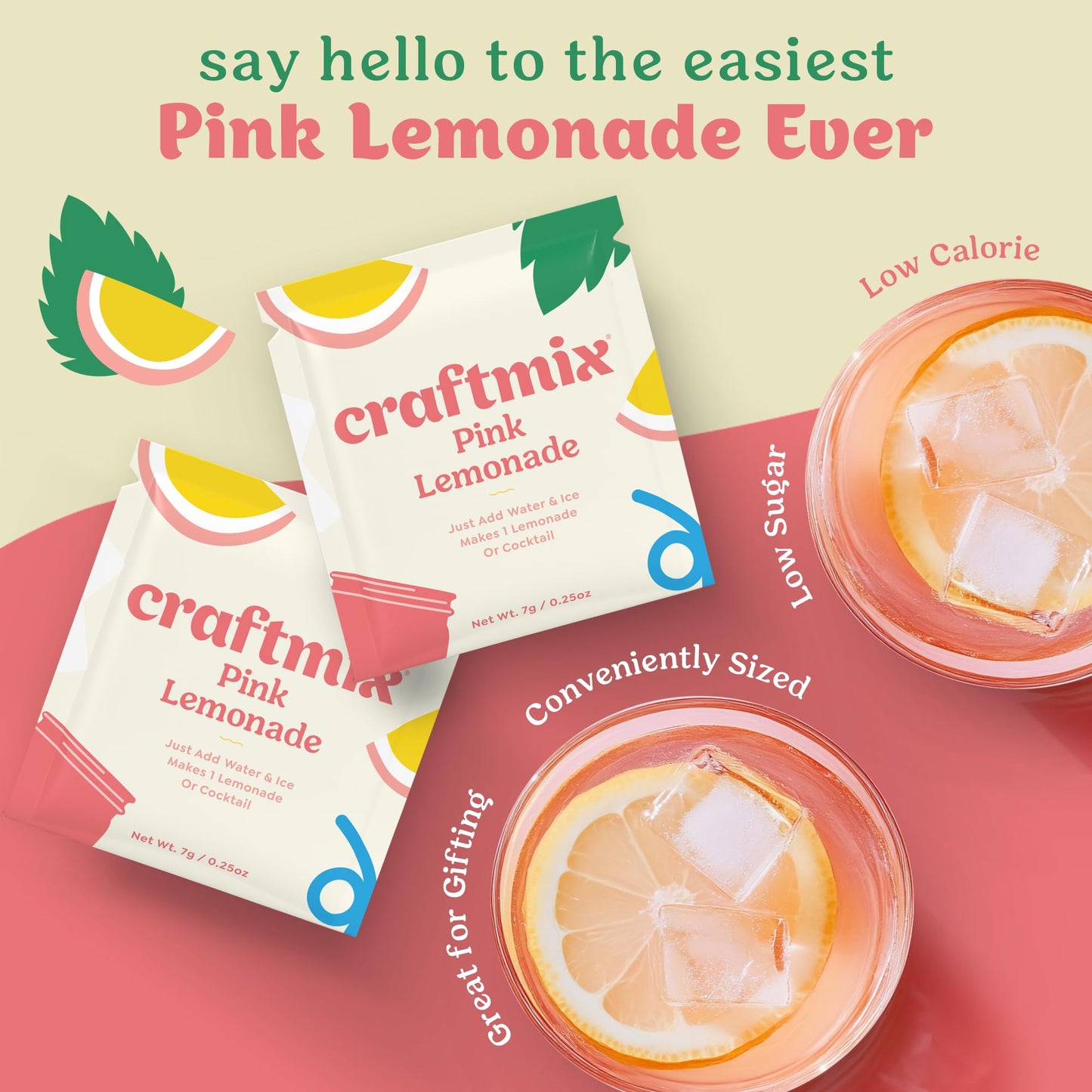 Craftmix Pink Lemonade Mix, 12 Packets, Easy Powder Drink with Real Fruit, Low-Sugar, Vegan, Low-Carb, Non-GMO, Dairy-Free, Glut