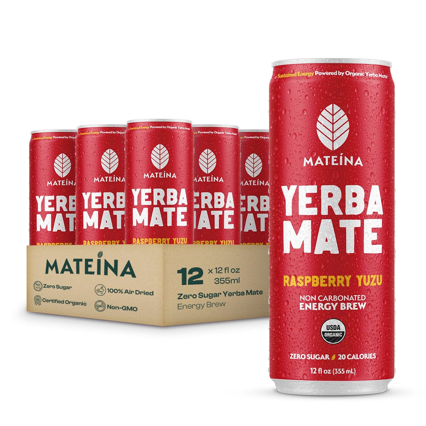 Mateina Yerba Mate Zero Sugar Energy Drink - 120mg Natural Caffeine - Organic  Non-GMO  Non-Carbonated - Dr. Andrew Huberman Recommended - 12 Pack (12oz Cans) (12 Pack  Raspberry Yuzu)