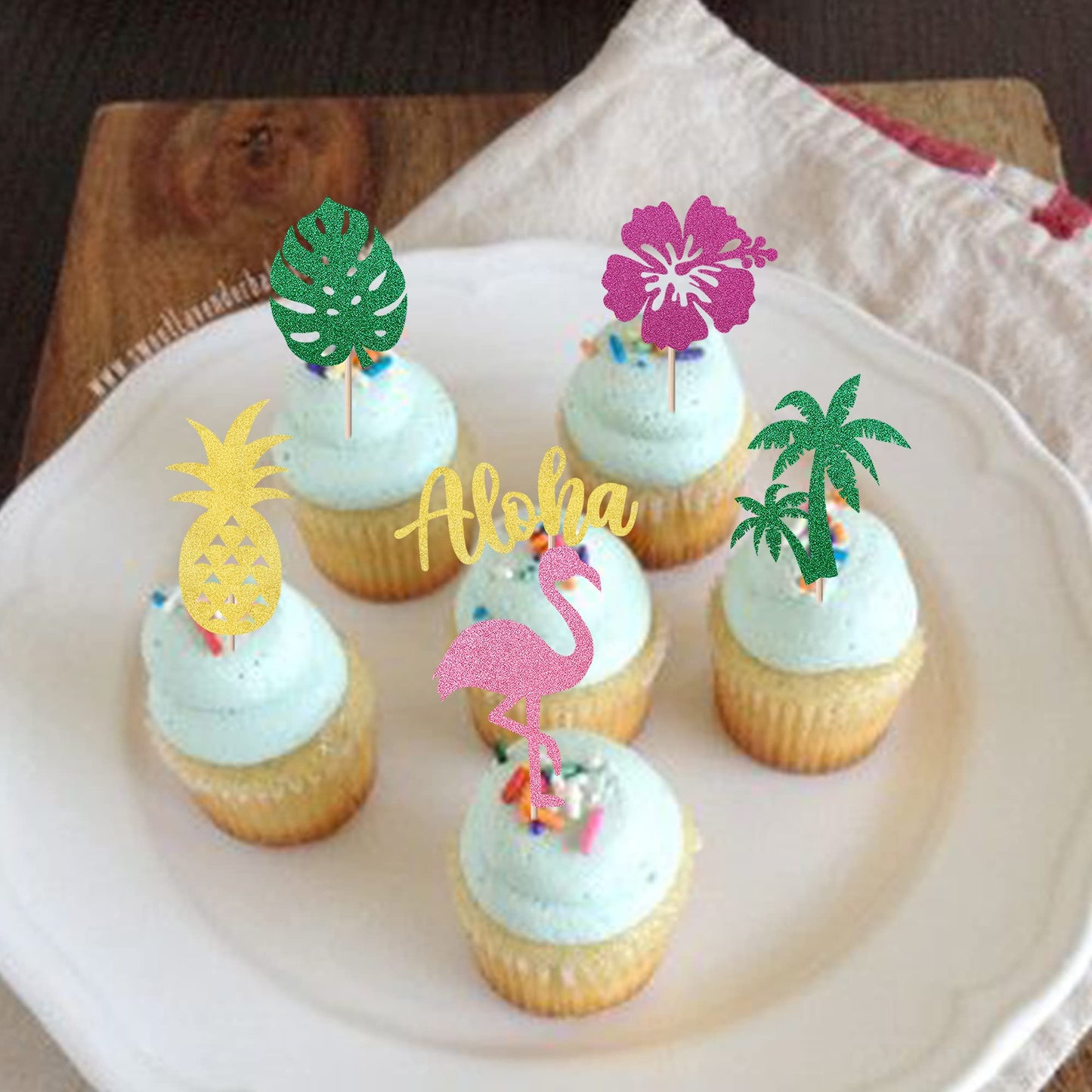 YCTHUNFISH 24 Pack Tropical Cupcake Toppers, Glitter Flamingo & Pineapple Decorations, Bamboo, Aloha Luau Theme, Summer Party Supplies