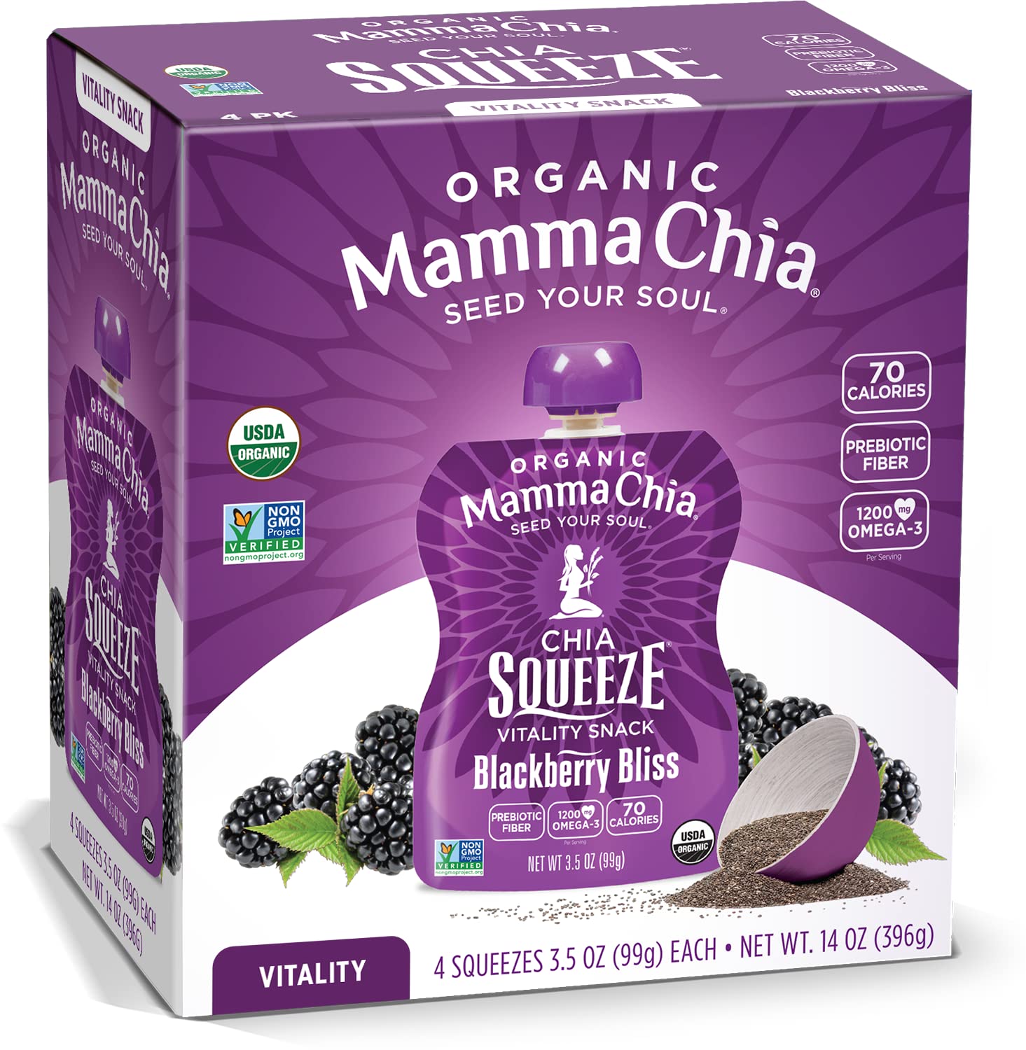 Mamma Chia Organic Vitality Squeeze Snack, Blackberry Bliss, 24- 3.5 Ounce Chia Pouches. USDA Organic, Non-GMO, Vegan, Gluten Fr
