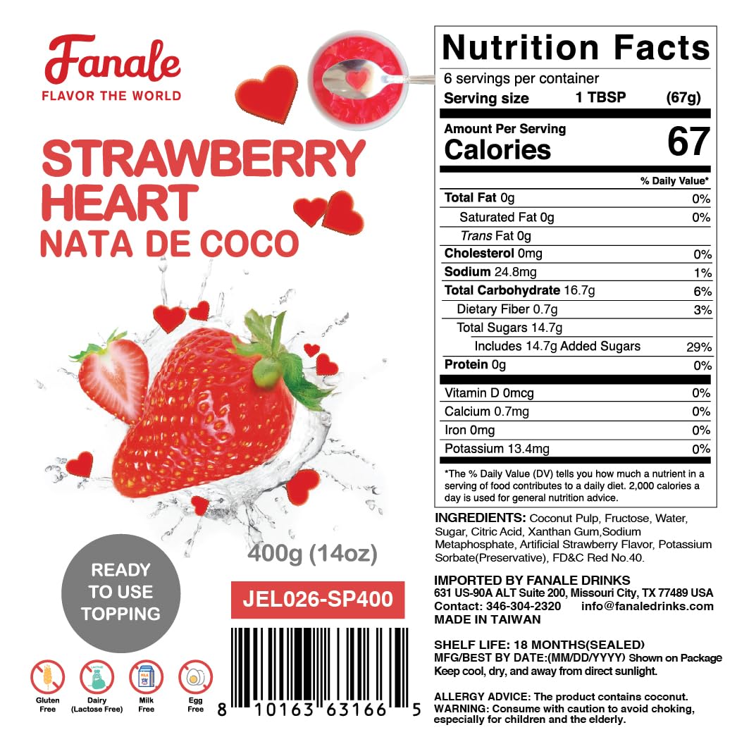 Fanale Coconut Jelly Topping for Bubble Tea - Strawberry Heart Jelly, 400g (Pack of 1)