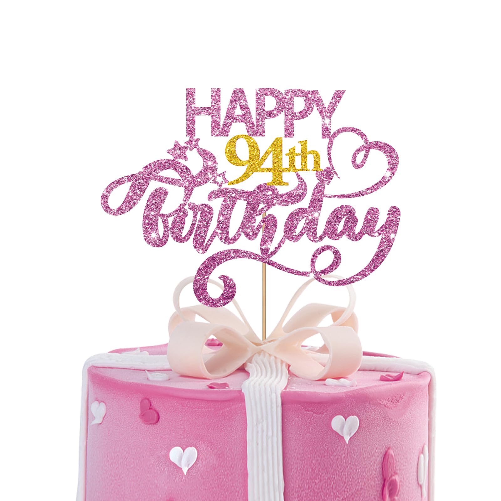 Pink Glitter Happy 94Th Birthday Cake Topper, Ninety Four Years Old Birthday Party Cake Decor, Gold Number 94 Birthday Party Sup