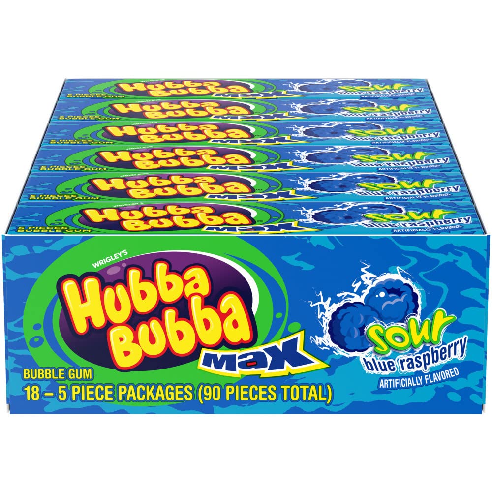 Hubba Bubba Sour Blue Raspberry Chewing Gum - Bulk Pack of 18 (5 Pieces Each)