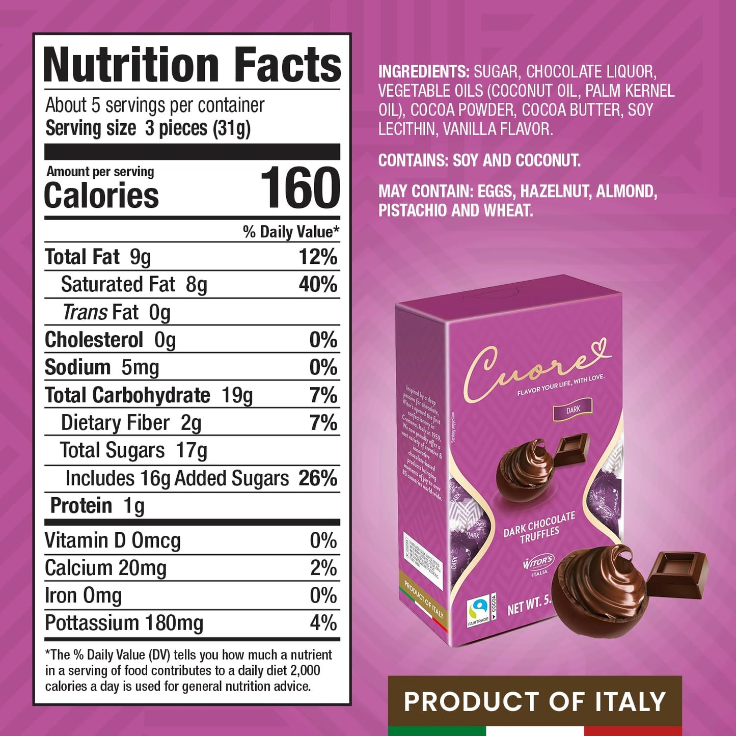 WITORS Cuore Chocolate Truffles, Dark Chocolate, Creamy Filling, 5.11 Ounce