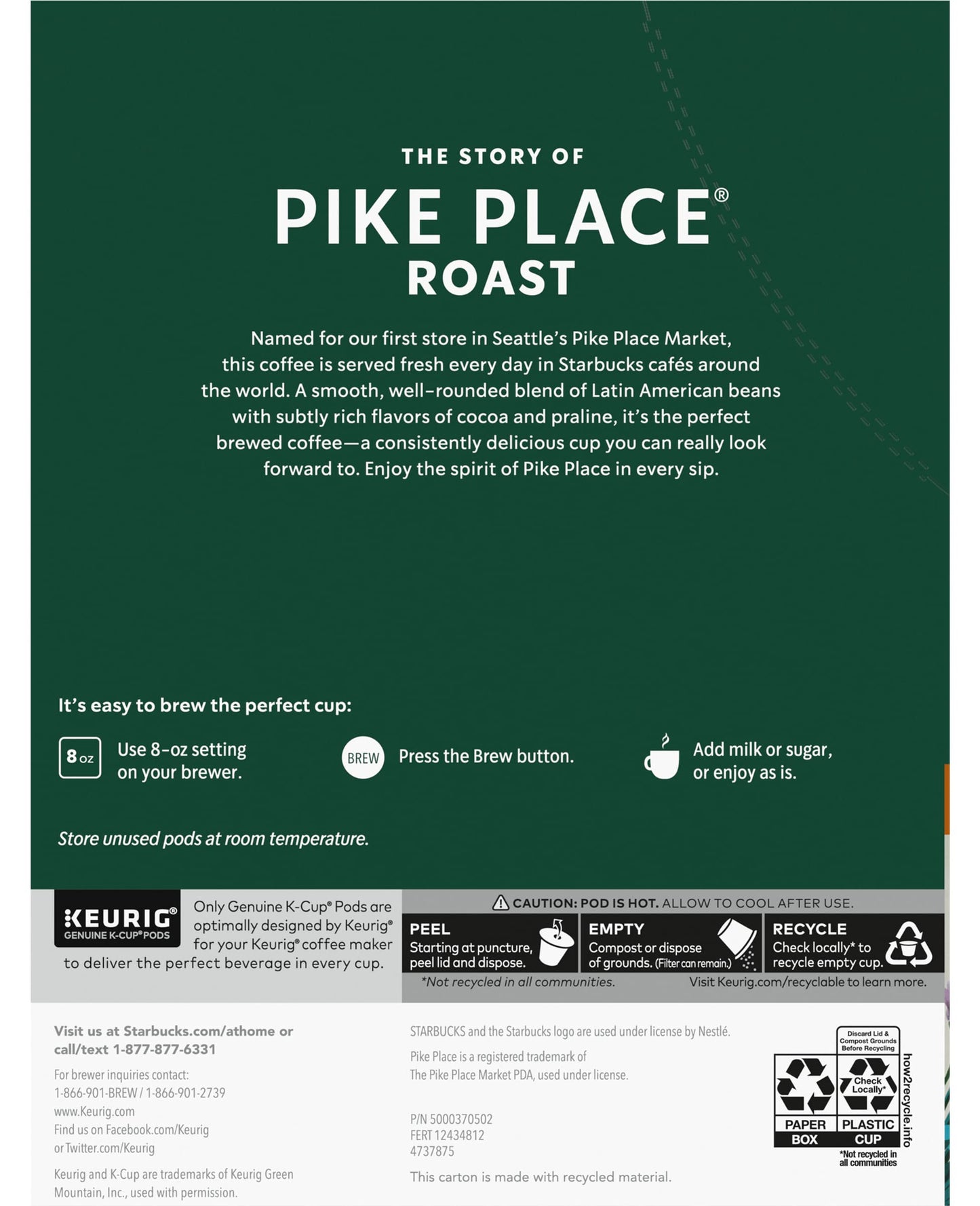 Starbucks Coffee K-Cup Pods, Pike Place Roast, Medium Roast Coffee, Notes Of Cocoa & Rich Praline, Keurig Genuine K-Cup Pods, 24
