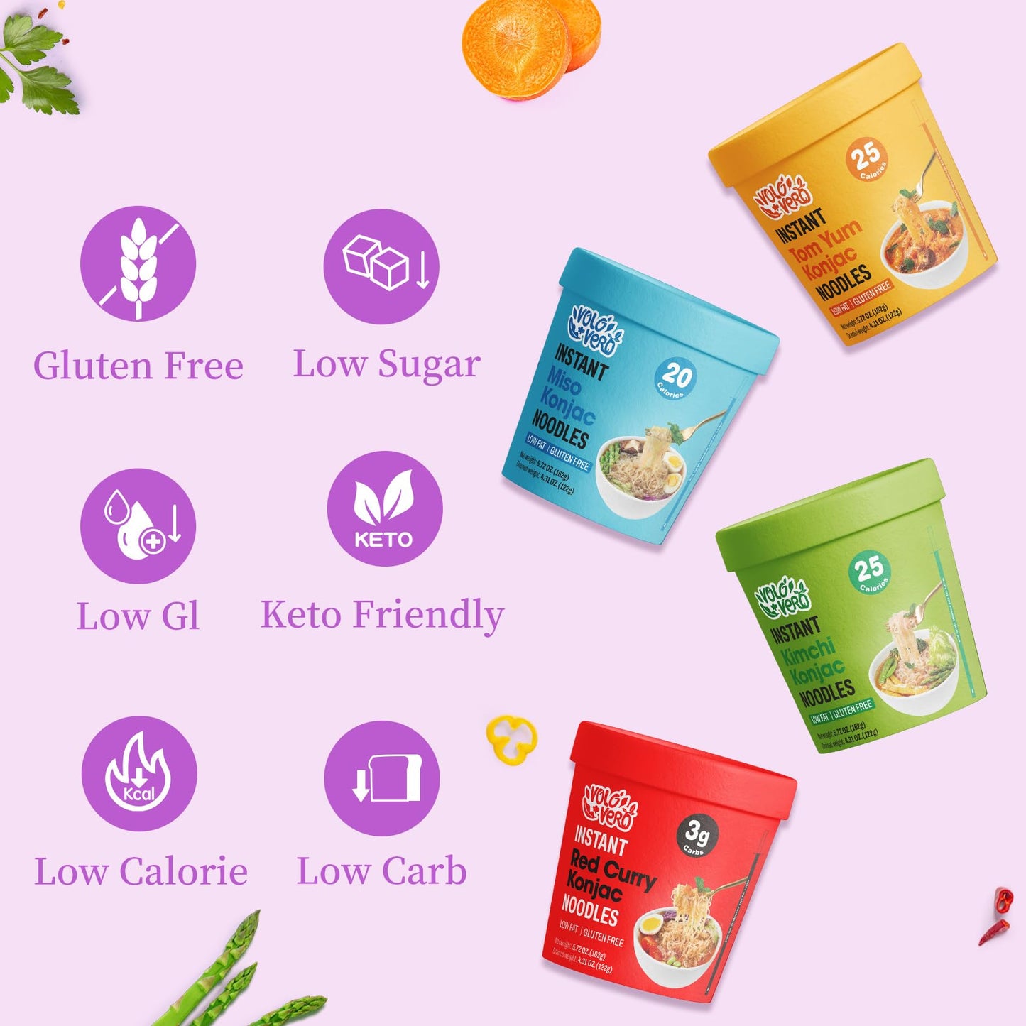 Volo Vero Konjac Noodle Variety Pack -Tom Yum, Miso, Kimchi,''Spicy'' Red Curry, 6 Pack Low Carb Instant Shirataki Noodles Angel
