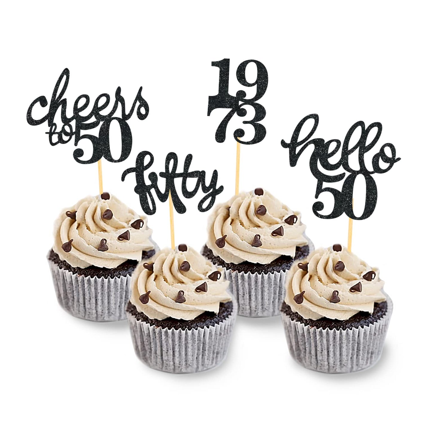 24 Pcs Glitter 50Th Birthday Cupcake Toppers For Celebrating Fifty Years Old Birthday Party Decorations (Black)