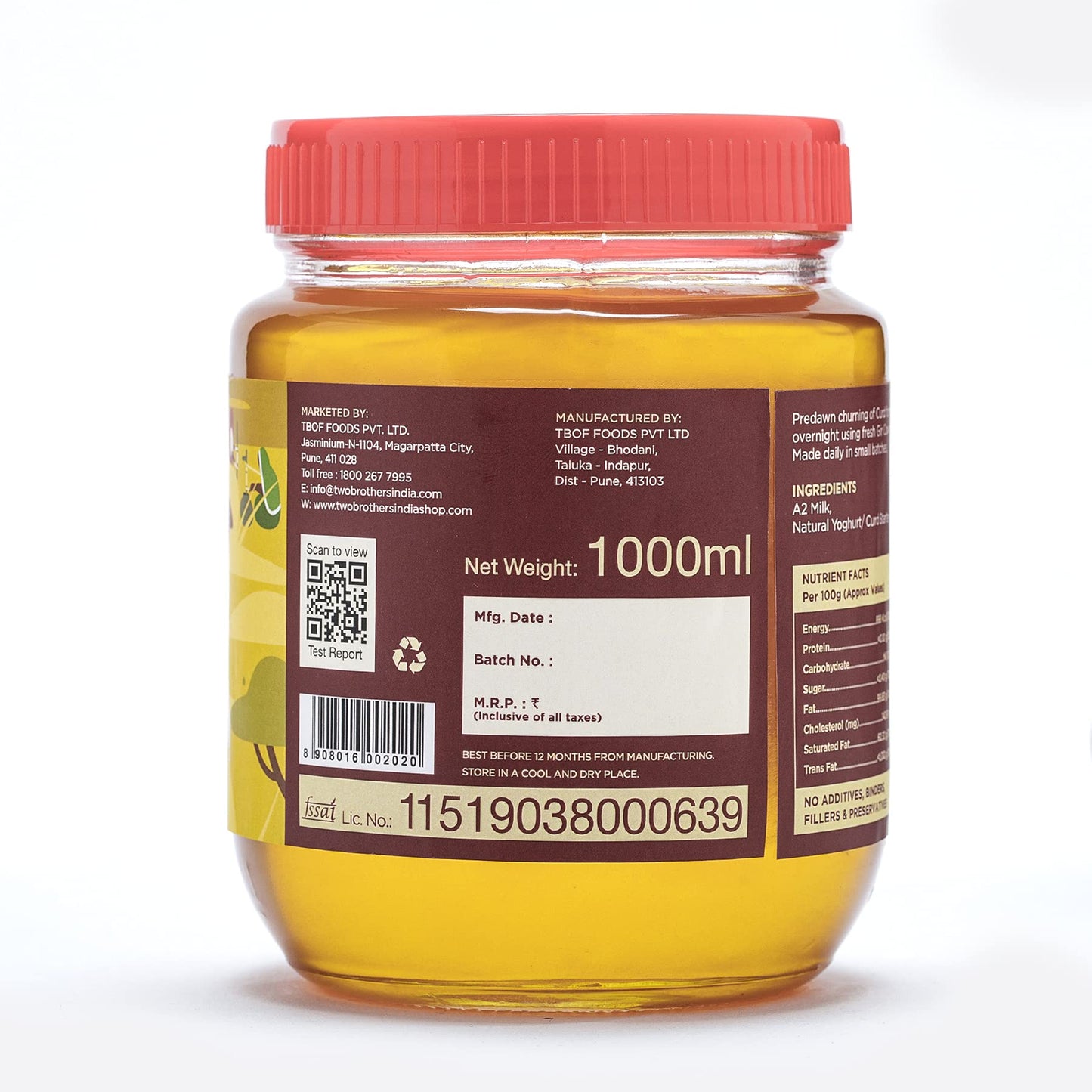 TWO BROTHERS ORGANIC FARMS - Desi Cow Ghee (1000 Ml) | Cultured Cow Desi Ghee | Curd-Churned Bilona Ghee | Pure, Natural, And He