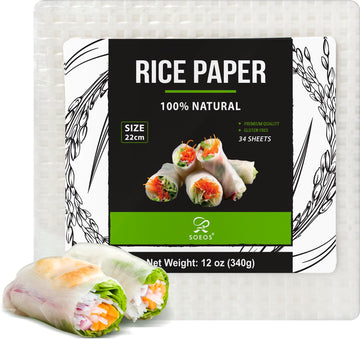 Soeos Rice Paper, White Rice Paper Wrappers, 1 Pack, 34 Sheets-Fresh Spring Roll Wrappers & Dumplings, Non-GMO, Gluten-Free, Low