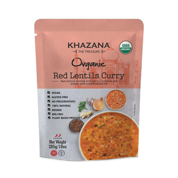Khazana Organic Ready to Eat Meals - Red Lentils Curry (Pack of 1, 10oz Pouches) - Non-GMO, Vegan, Gluten Free & Kosher - Authen