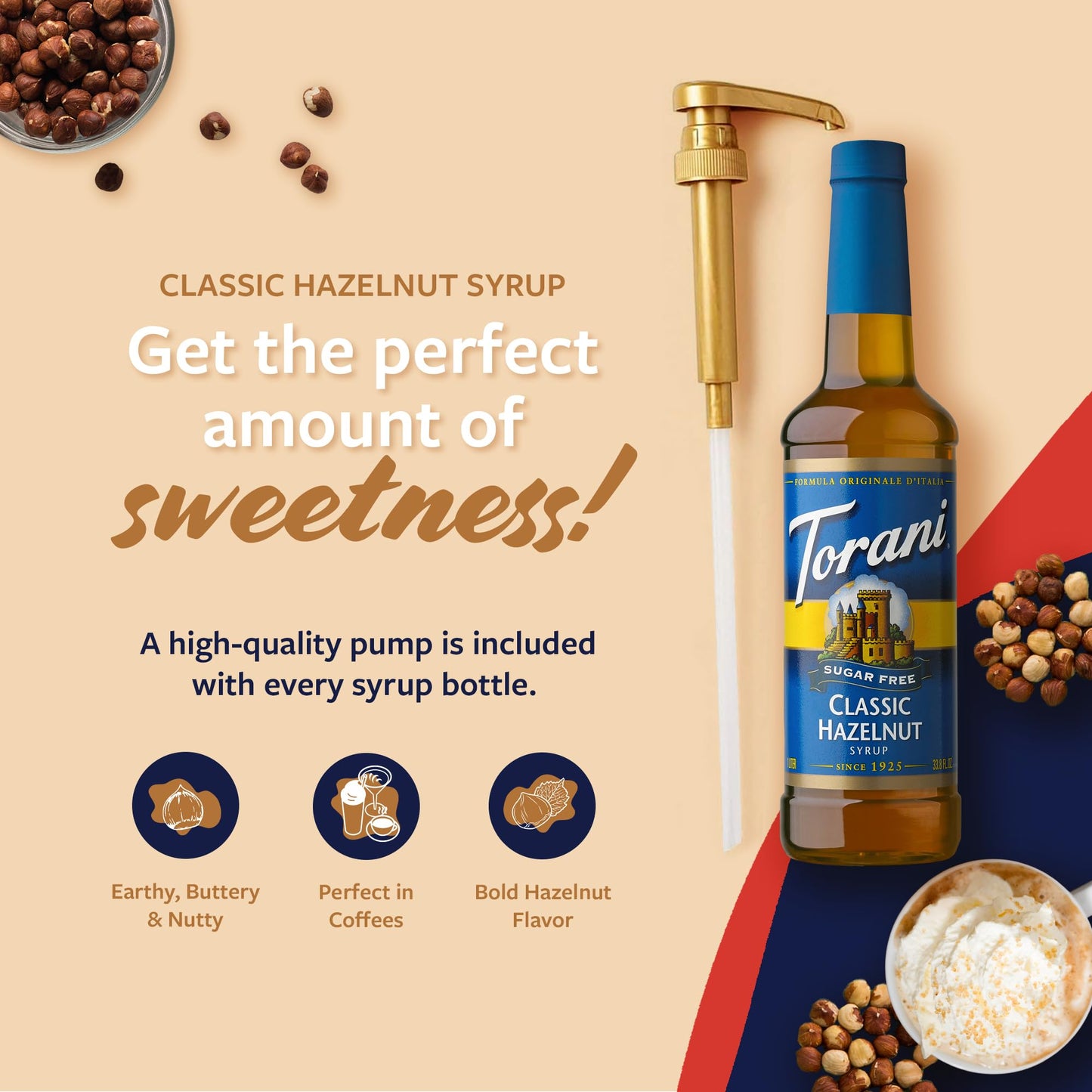 Torani Sugar Free Coffee Syrup, Classic Hazelnut Flavoring For Drinks, Zero Calorie, Pump Included, 25.4 Fl Oz