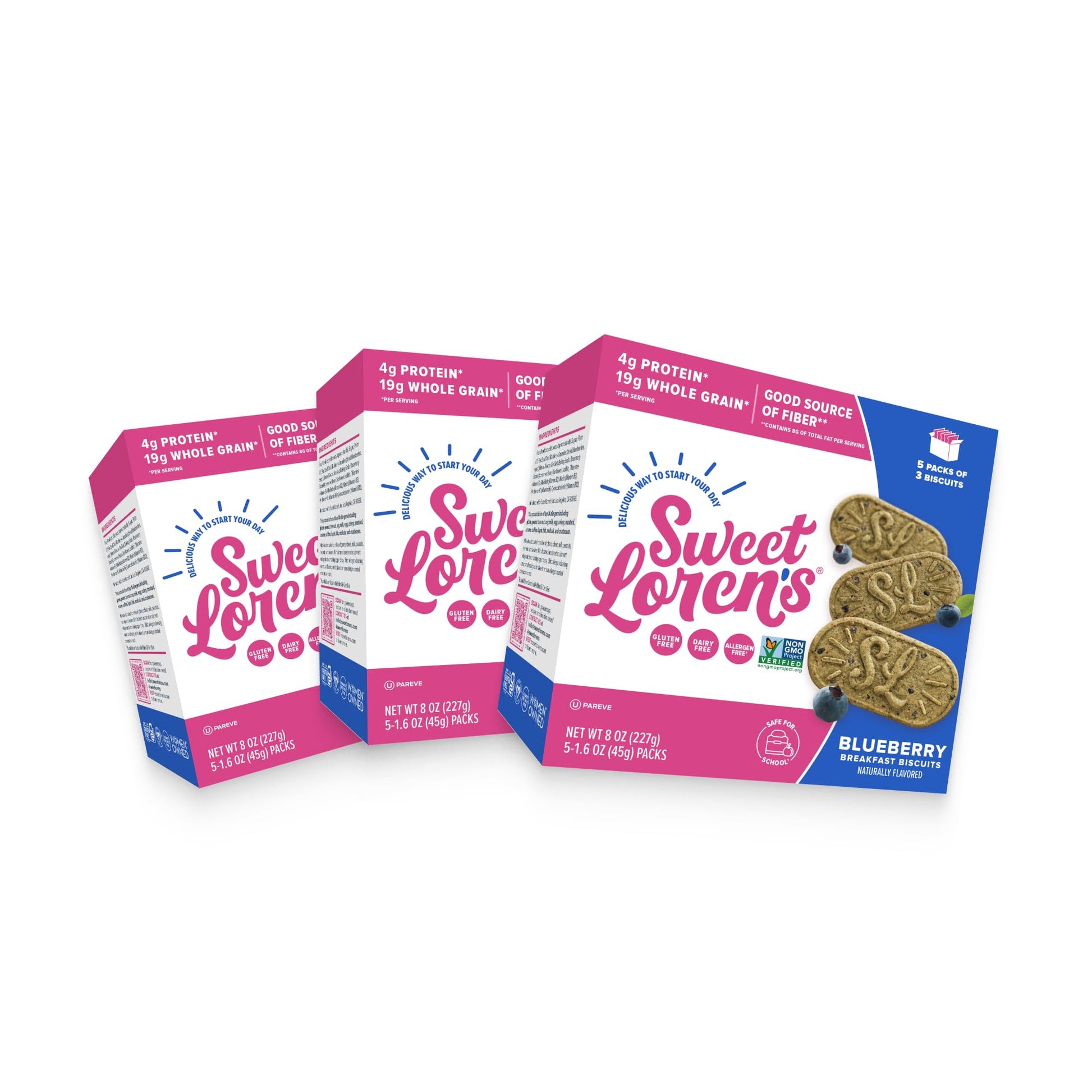 Sweet Lorens Vegan Breakfast Biscuits | Blueberry | 4g Protein  19g Whole Grains | Plant Based  Gluten Free  Dairy Free  Nut Free Snacks | 3 Pack (15 Total Biscuits  1.6 ounce each)