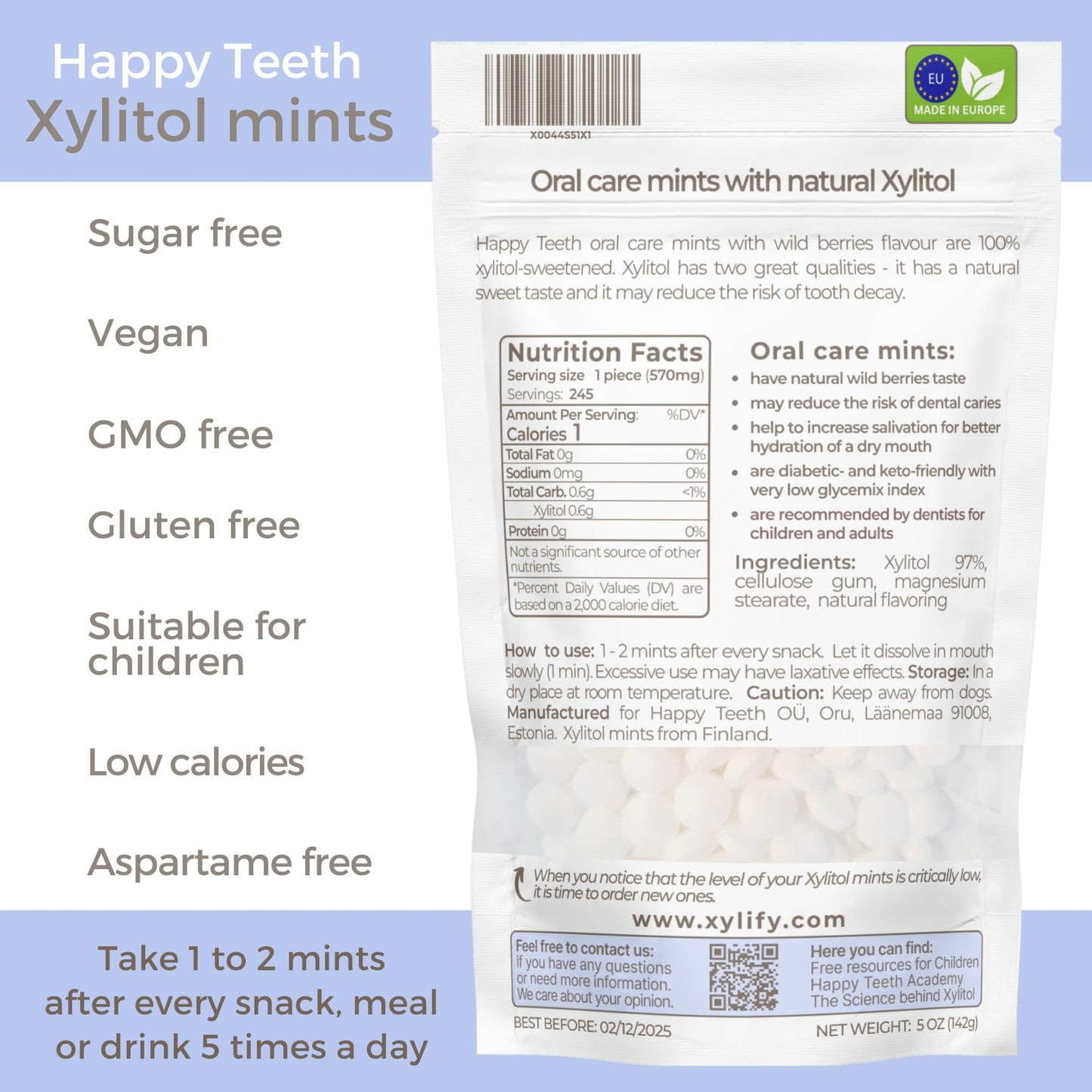Xylitol Mints For Oral Care - Wild Berries Flavor, 100% Xylitol Sweetened, Sugar Free Candy, Happy Teeth Dental Mints From Finla