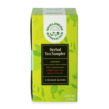 Worldwide Botanicals Herbal Tea Sampler, 5 Teas Variety Pack- Lemon Balm, Lemon Ginger Ashwagandha, Hibiscus Citrus Zest, Sweet