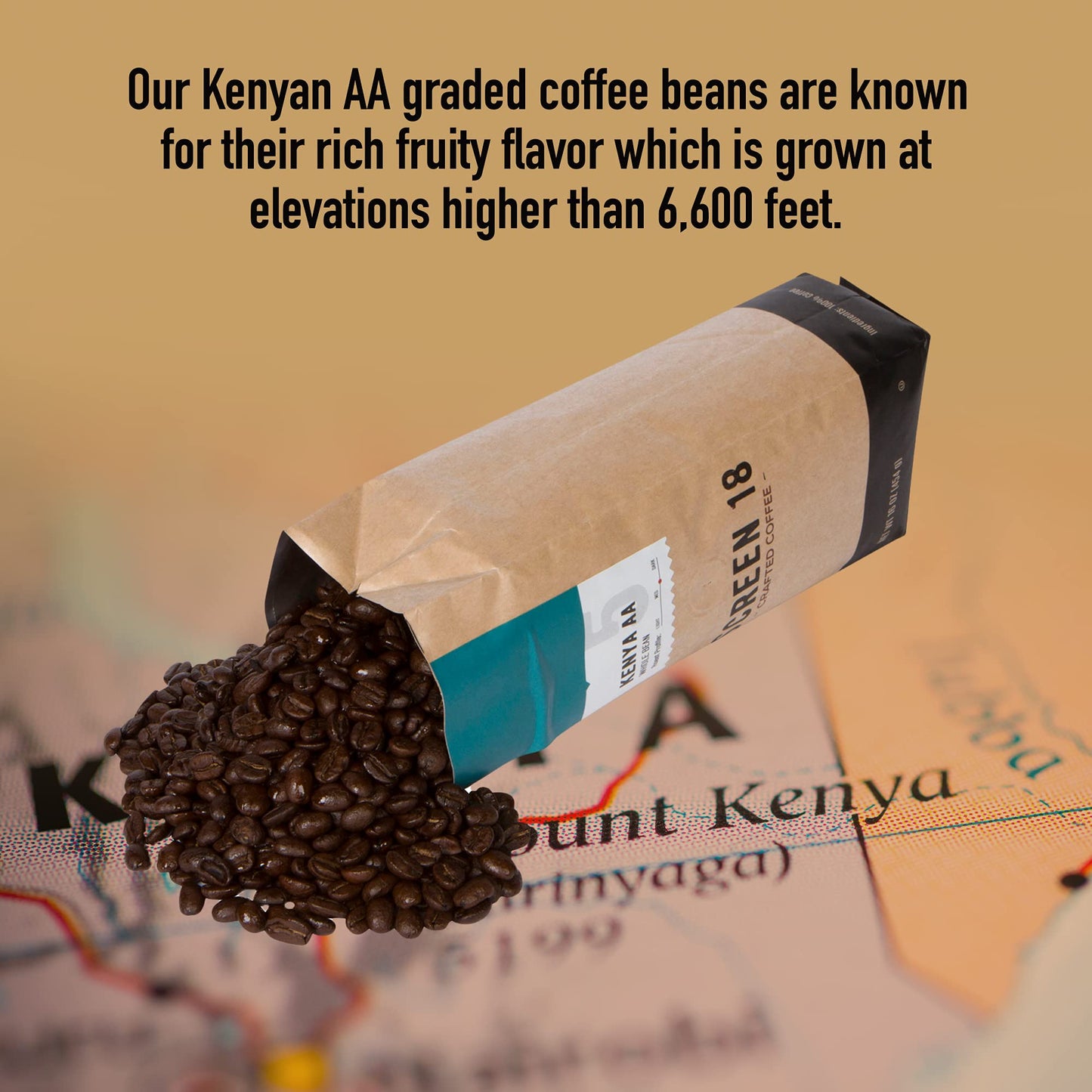 Screen 18 Specialty Grade Enhanced Kenya Aa Coffee Beans, Single Origin, Medium Dark Roast, Whole Beans, 1 Lb