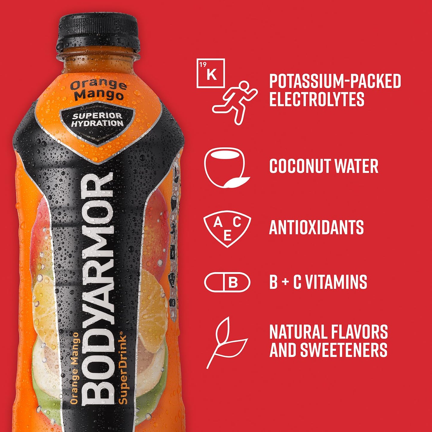 Bodyarmor Sports Drink Sports Beverage, Orange Mango, Coconut Water Hydration, Natural Flavors With Vitamins, Potassium-Packed Electrolytes, Perfect For Athletes, 20 Fl Oz (Pack Of 6)