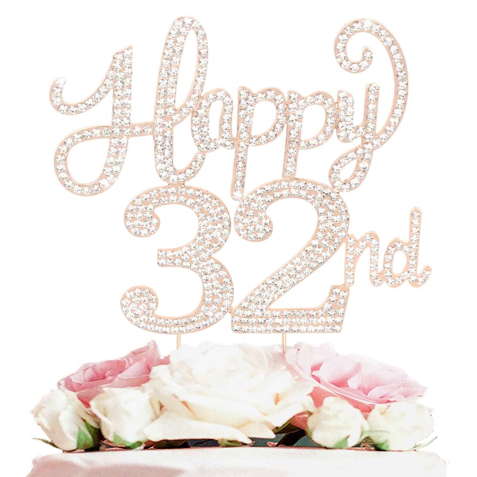 Happy 32Nd Birthday Decorations,32Nd Birthday Gold Rhinestone Cake Topper - Cheers To 32 Years Old Bday Party Metal Sparkly Cake