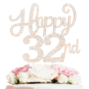 Happy 32Nd Birthday Decorations,32Nd Birthday Gold Rhinestone Cake Topper - Cheers To 32 Years Old Bday Party Metal Sparkly Cake
