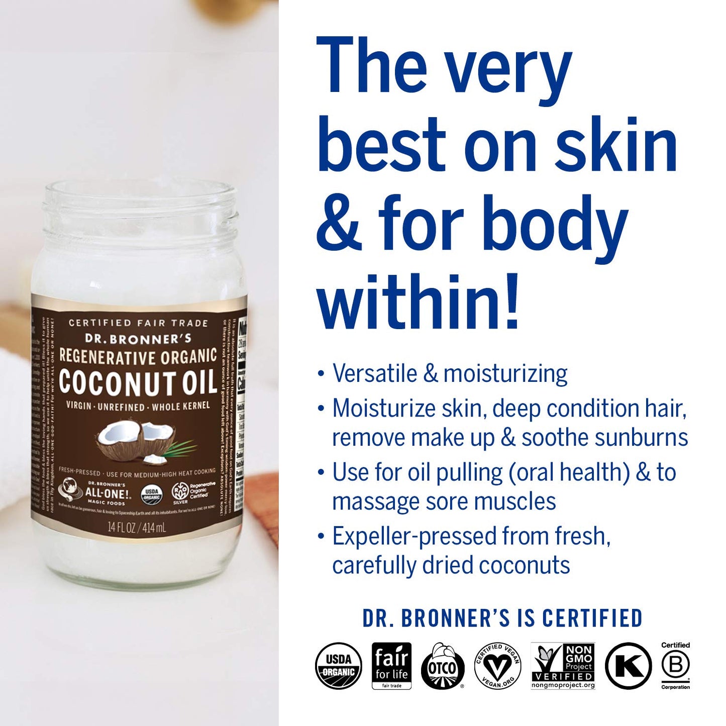 Dr. Bronner'S - Organic Virgin Coconut Oil (Whole Kernel, 14 Ounce) - Coconut Oil For Cooking, Baking, Hair & Body, Unrefined &