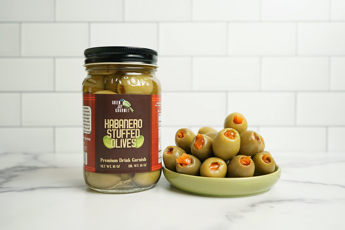 Green Jay Gourmet Habanero Stuffed Olives - 2 x 16 Oz - All Natural - Ideal for Cocktails & Cheese Boards