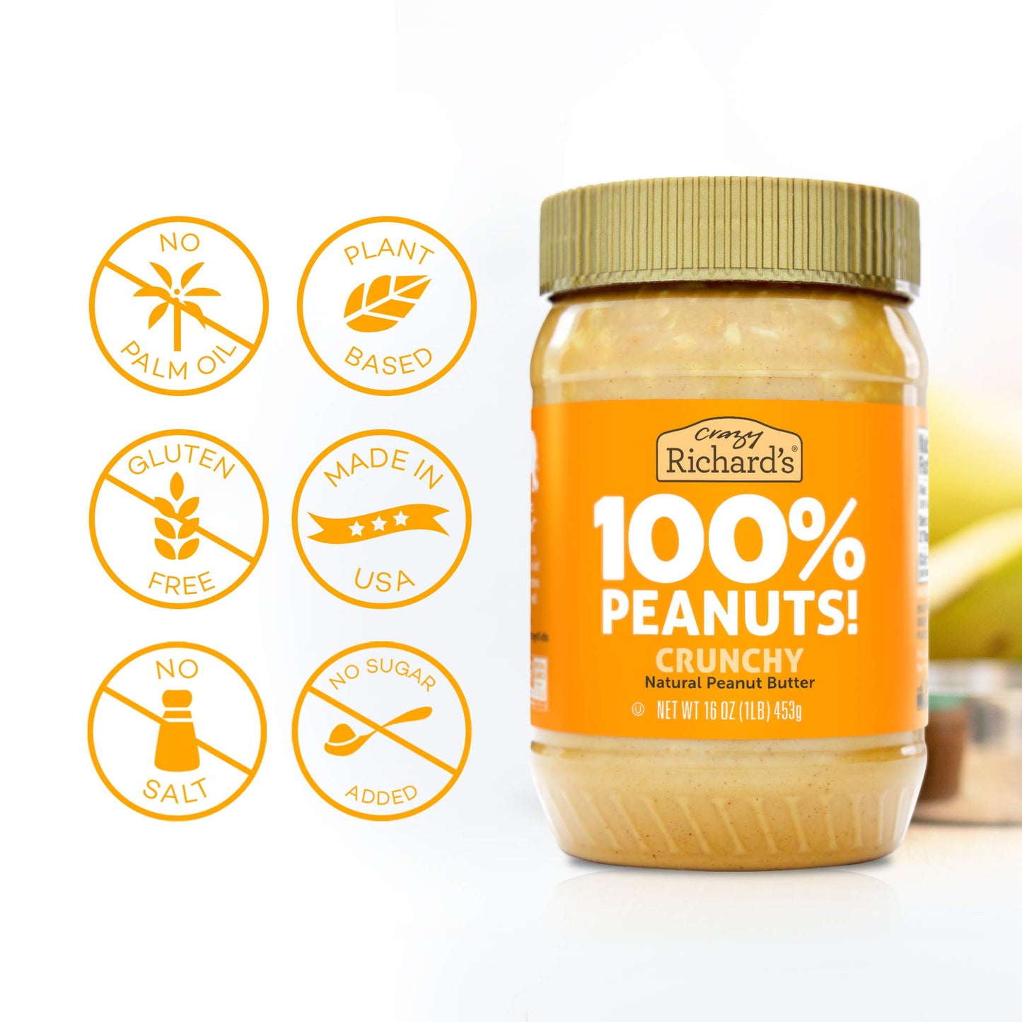 Crazy Richards 100% All-Natural Crunchy Vegan Peanut Butter with No Added Sugar and Non-GMO (16 Ounce, Pack of 6)