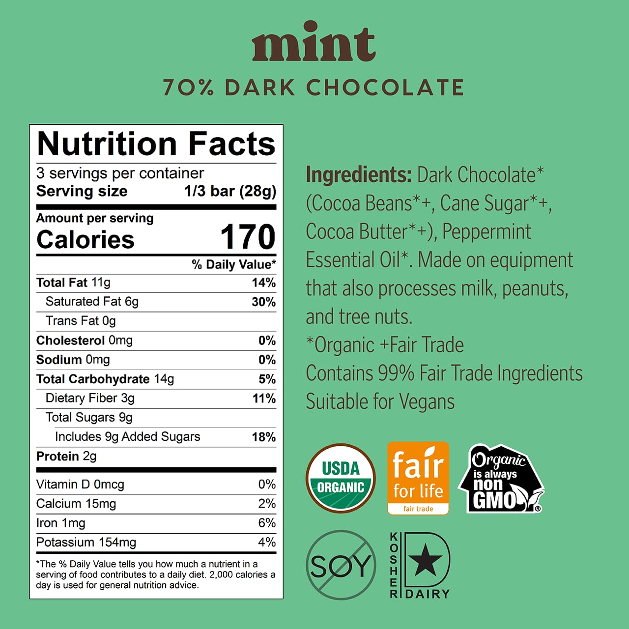 Theo Chocolate Mint Organic Dark Chocolate Bar, 70% Cacao, 12 Pack | Vegan, Fair Trade