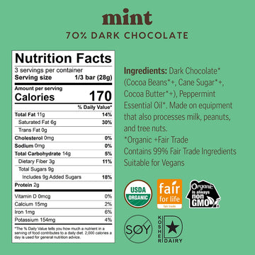 Theo Chocolate Mint Organic Dark Chocolate Bar, 70% Cacao, 12 Pack | Vegan, Fair Trade