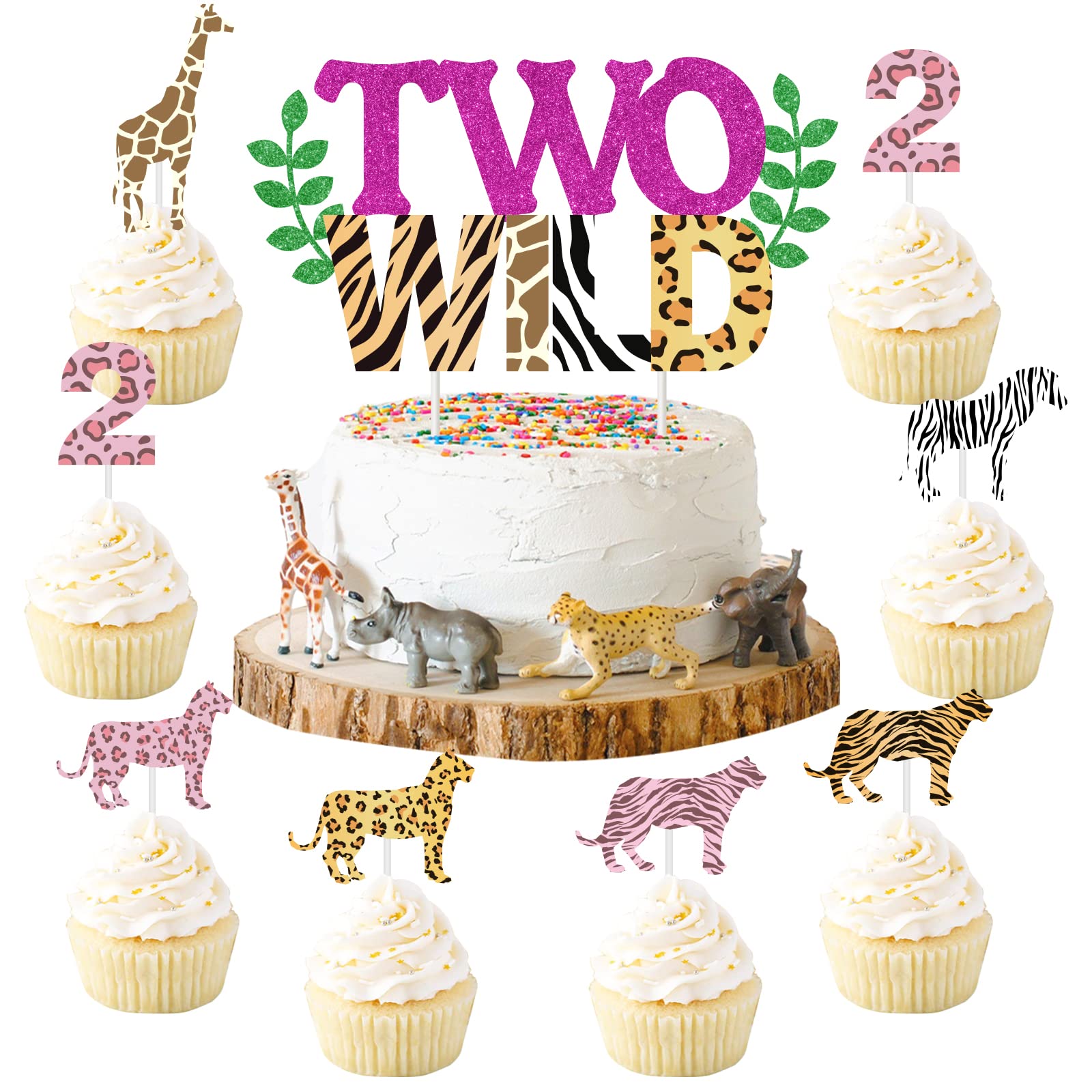 Two Wild Birthday Decorations For Girl - Two Wild Cake Topper, Animal Print Cupcake Toppers, 31 Pcs Jungle Safari Animal Cake De