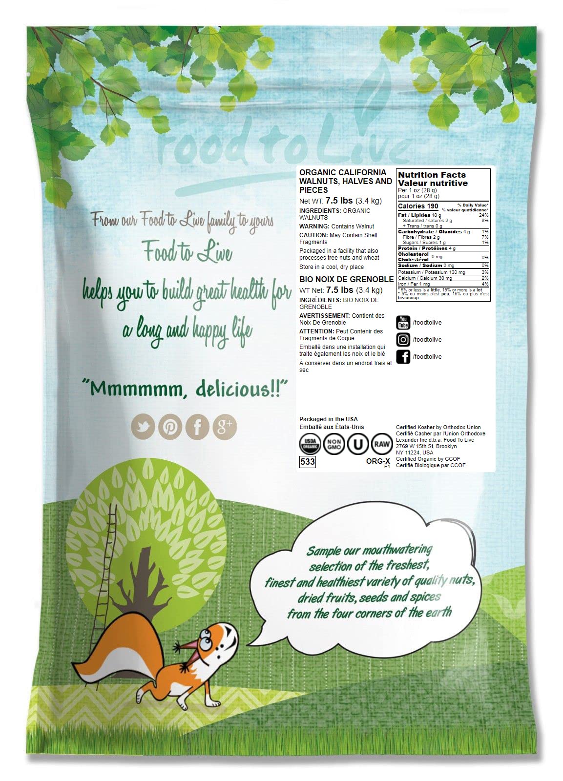 Food To Live - Organic California Walnuts Halves & Pieces, 7.5 Pounds Non-Gmo, Raw, Unsalted, Shelled, Vegan, Kosher, Sirtfood,