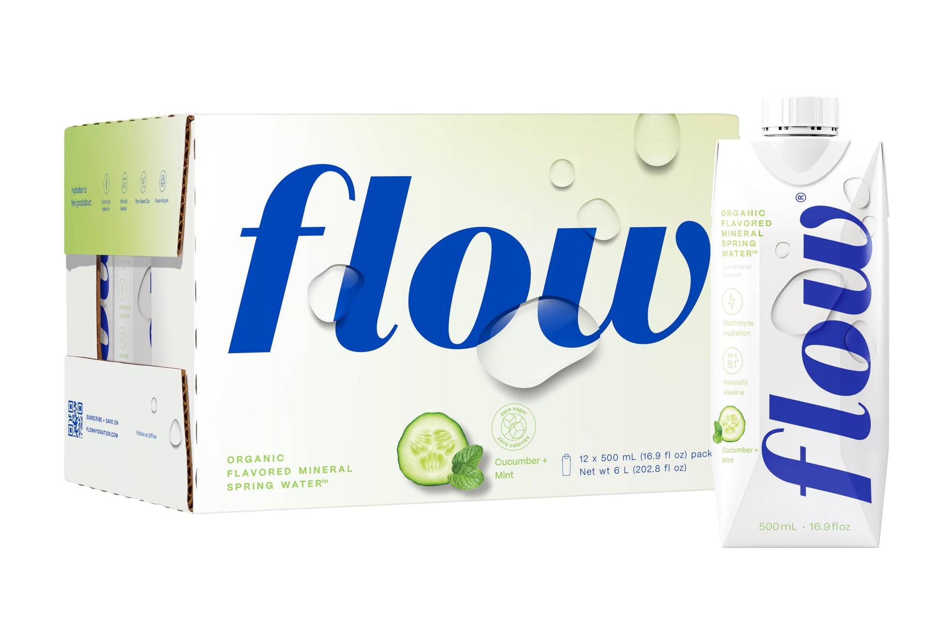 Flow Alkaline Spring Water, Cucumber & Mint Flavor, 16.9 Fl Oz, Eco-Friendly Pack of 12, BPA-Free, Non-GMO, Model 98157