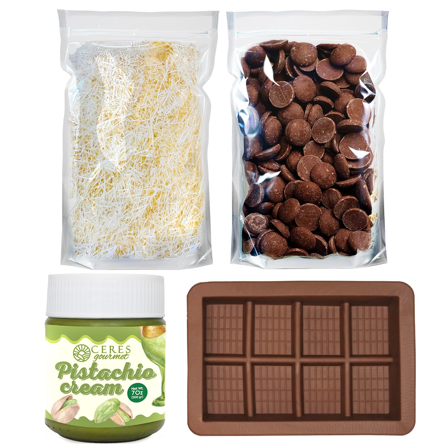 Dubai Bitter Chocolate DIY Bar Kit - Reusable Mold, 12.3 oz Bitter Chocolate Melts, 3.5 oz Crispy Kataifi, 7 oz Pistachio Cream