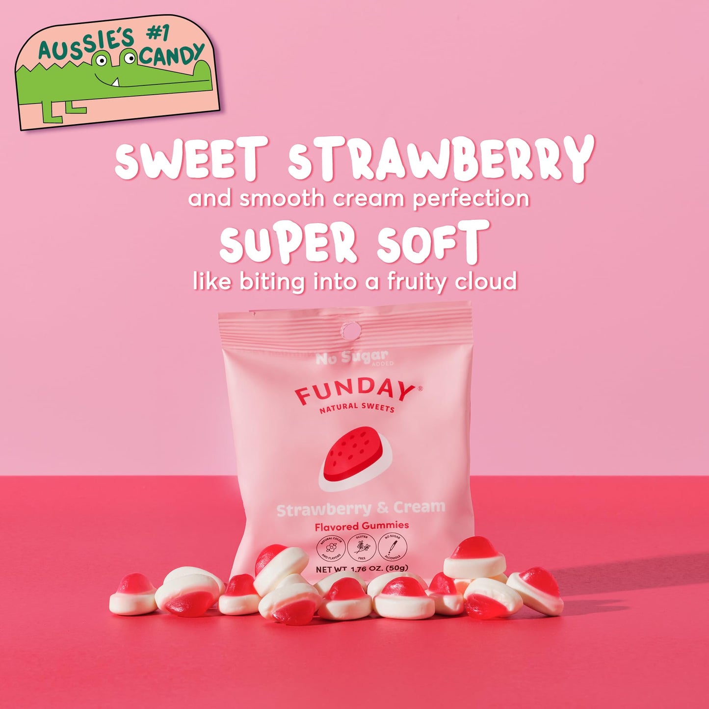 FUNDAY Strawberry & Cream Gummies - 12 x 50g Bags - No Sugar Added - Gluten-Free Gummy Candy with Natural Flavors & Prebiotic Fi