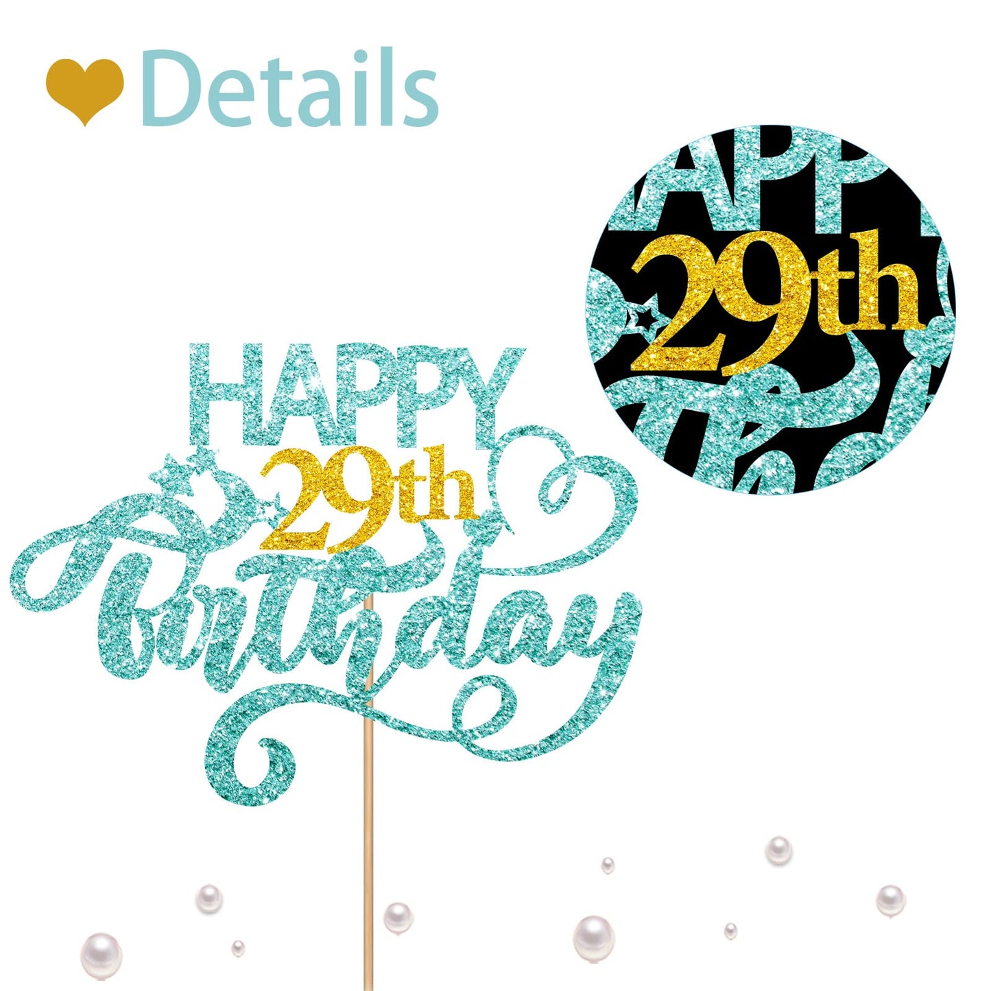 Sky Blue Glitter Happy 29Th Birthday Cake Topper, Twenty Nine Years Old Birthday Party Cake Decor, Gold Number 29 Birthday Party