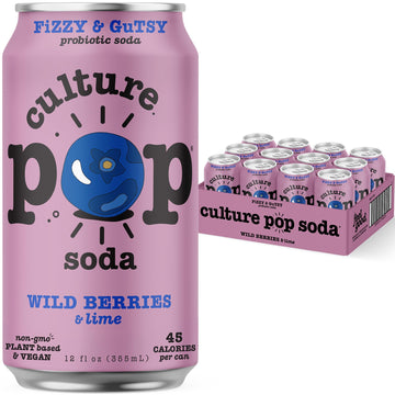 Culture Pop Soda Sparkling Probiotic Drink, Vegan Soda for Gut Health, Non-GMO, GF, No Added Sugar, 12 Pack, 12 Fl Oz Cans, Wild