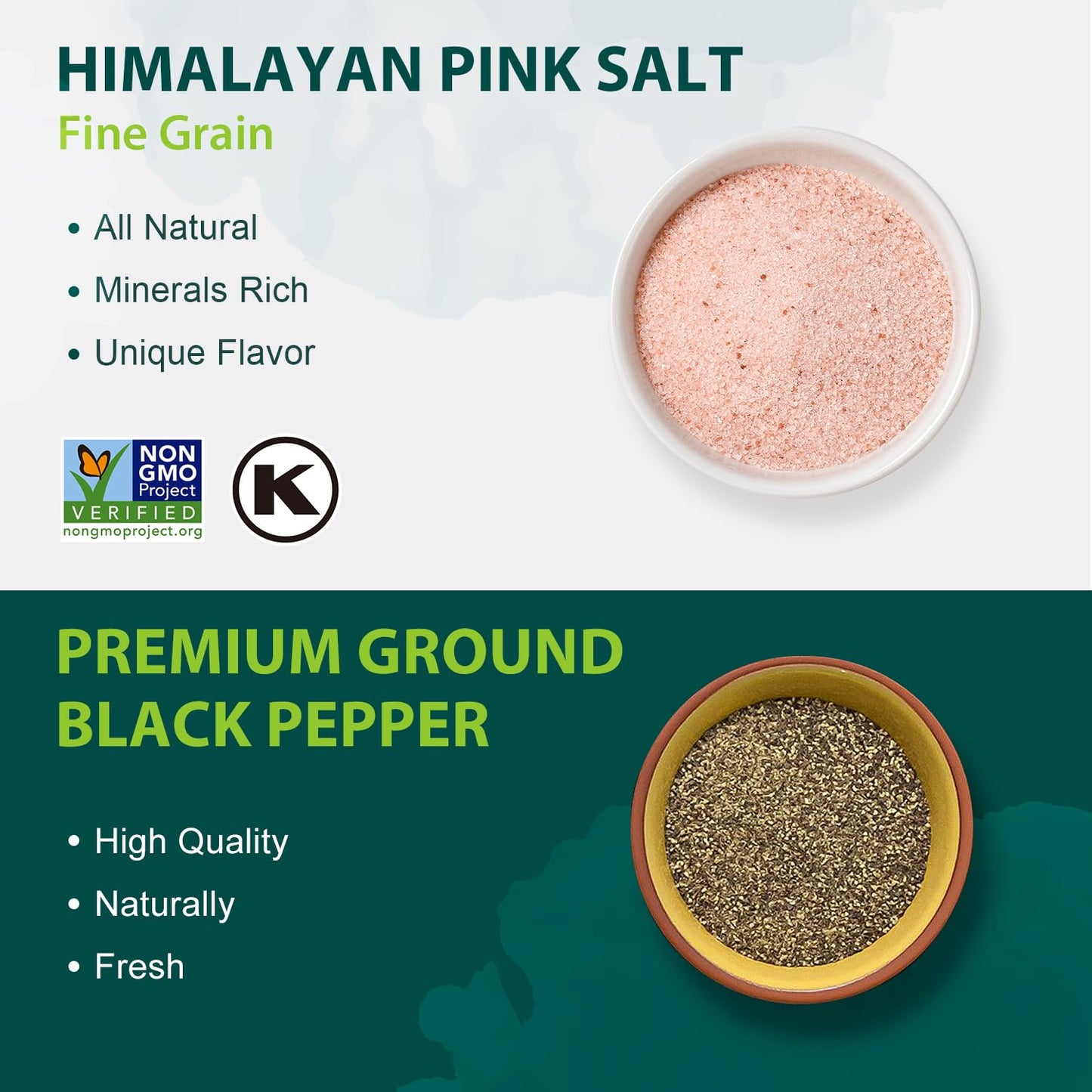 Soeos Himalayan Pink Salt Fine 39 oz + Ground Black Peppercorns 18 oz,Salt and Pepper for Grinder Refill