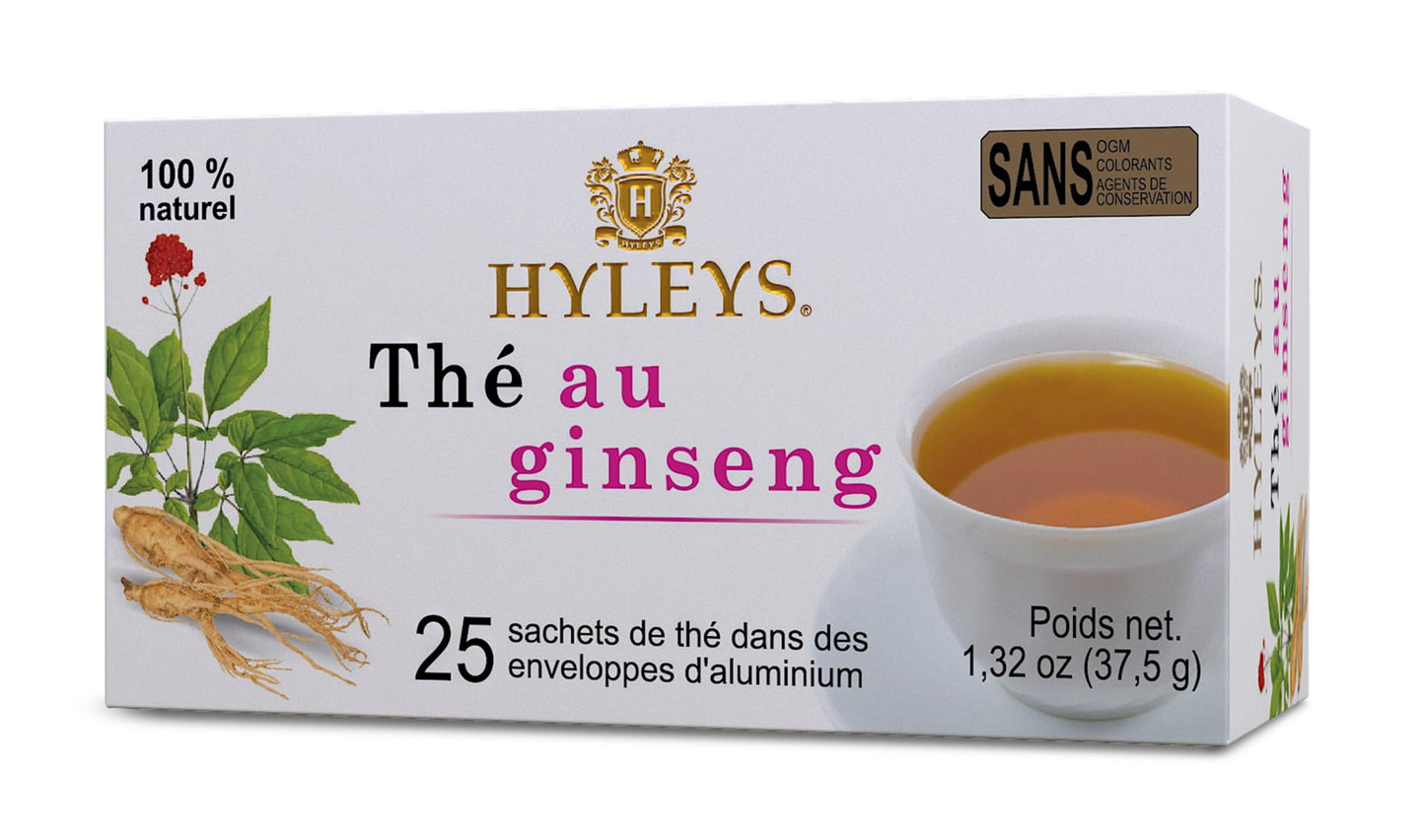 HYLEYS Ginseng & Green Tea with Guarana & Orange Flavor - 25 Tea Bags - Herbal Energy Tea